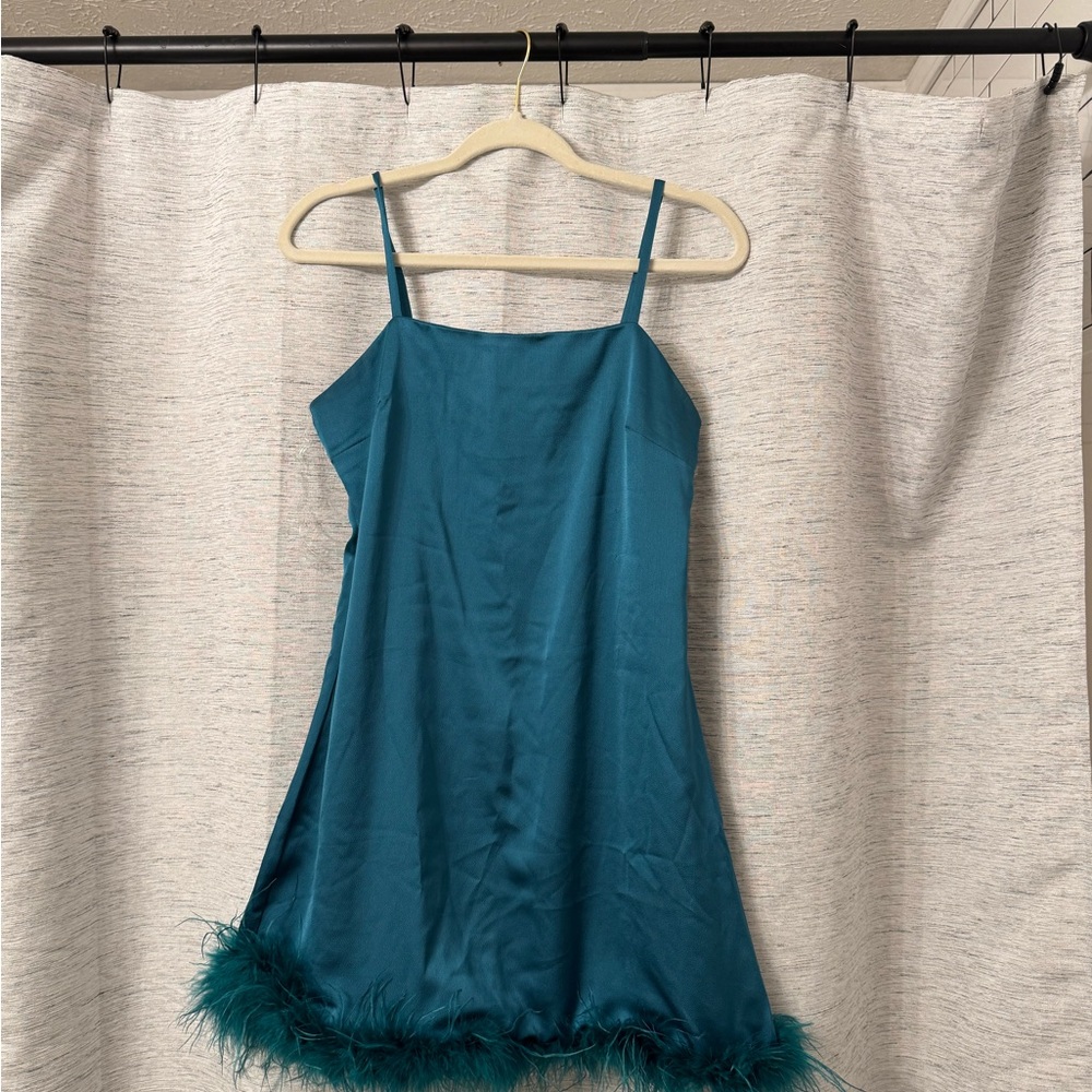 Elegant Teal Satin Slip Dress with Feather Trim